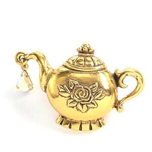 VTG Floral Teapot Dangle AB Rhinestone Charm Tea Time Gold Tone Pin Avon Jewelry